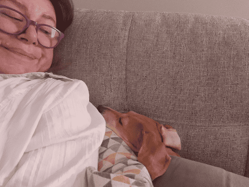 a person lying on a couch with a dog