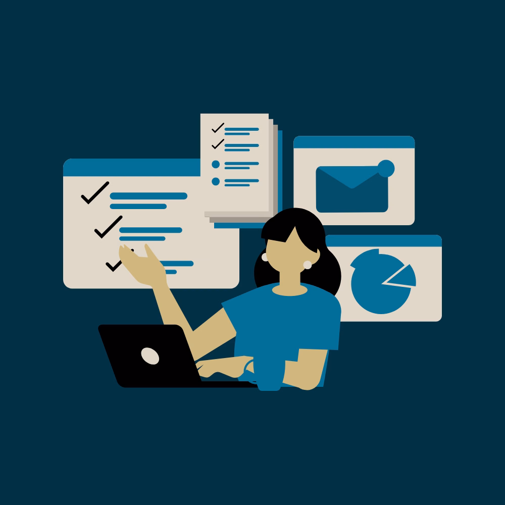 Flat illustration of a person working at a laptop with multiple data visualization screens in the background: one showing a checklist, another with an email icon, and a third displaying a pie chart.