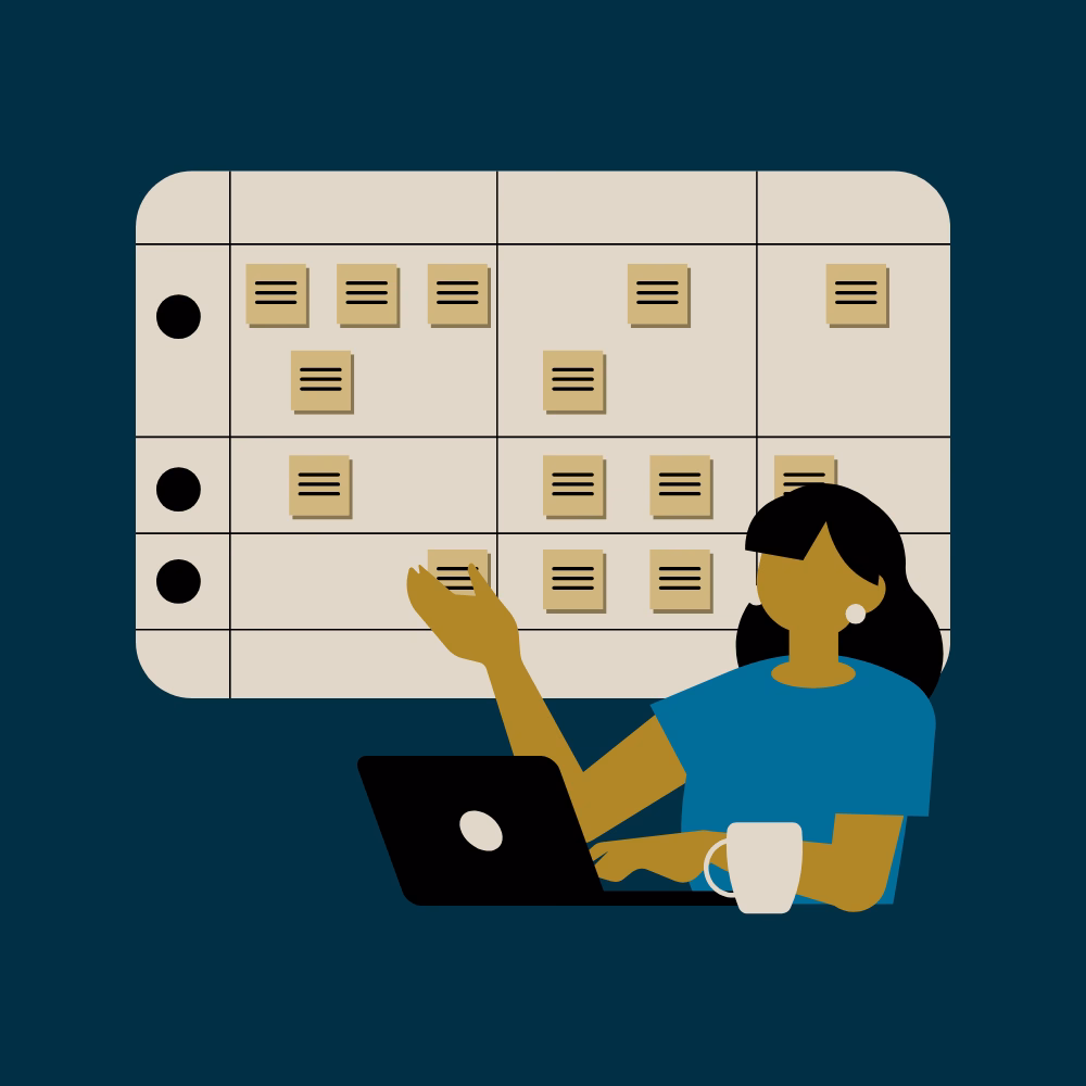 Hero Blog Page Illustration of a person working at a laptop with a large Kanban board featuring sticky notes in the background.