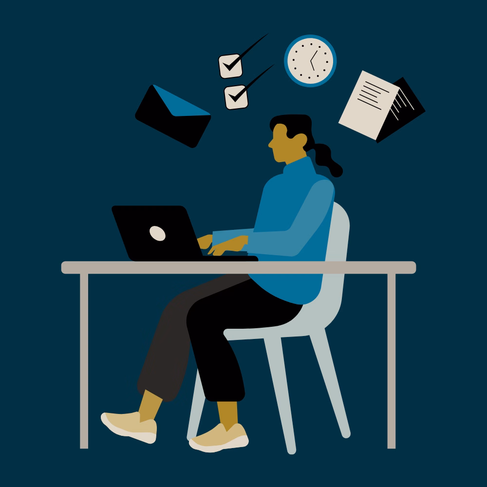 A person sits at a desk working on a laptop, surrounded by floating icons representing tasks, mail, a clock, and documents, on a dark blue background.