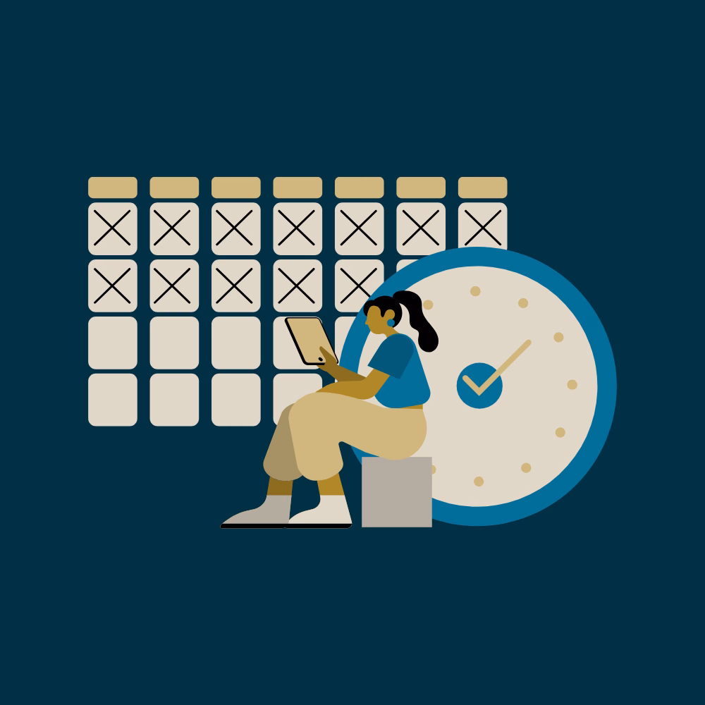 Hero HYWC A flat illustration of a person sitting on a stool, looking at a tablet, with a calendar grid and a large clock behind them.