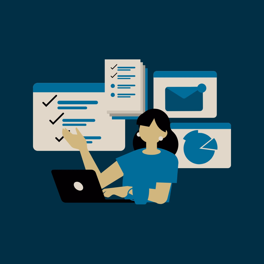 Flat illustration of a person working on a laptop, surrounded by digital interfaces showing a checklist, an email icon, and a pie chart.