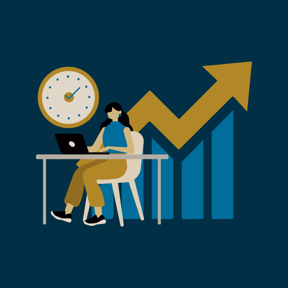 Flat illustration of a person working on a laptop at a desk with a clock and a rising graph in the background.