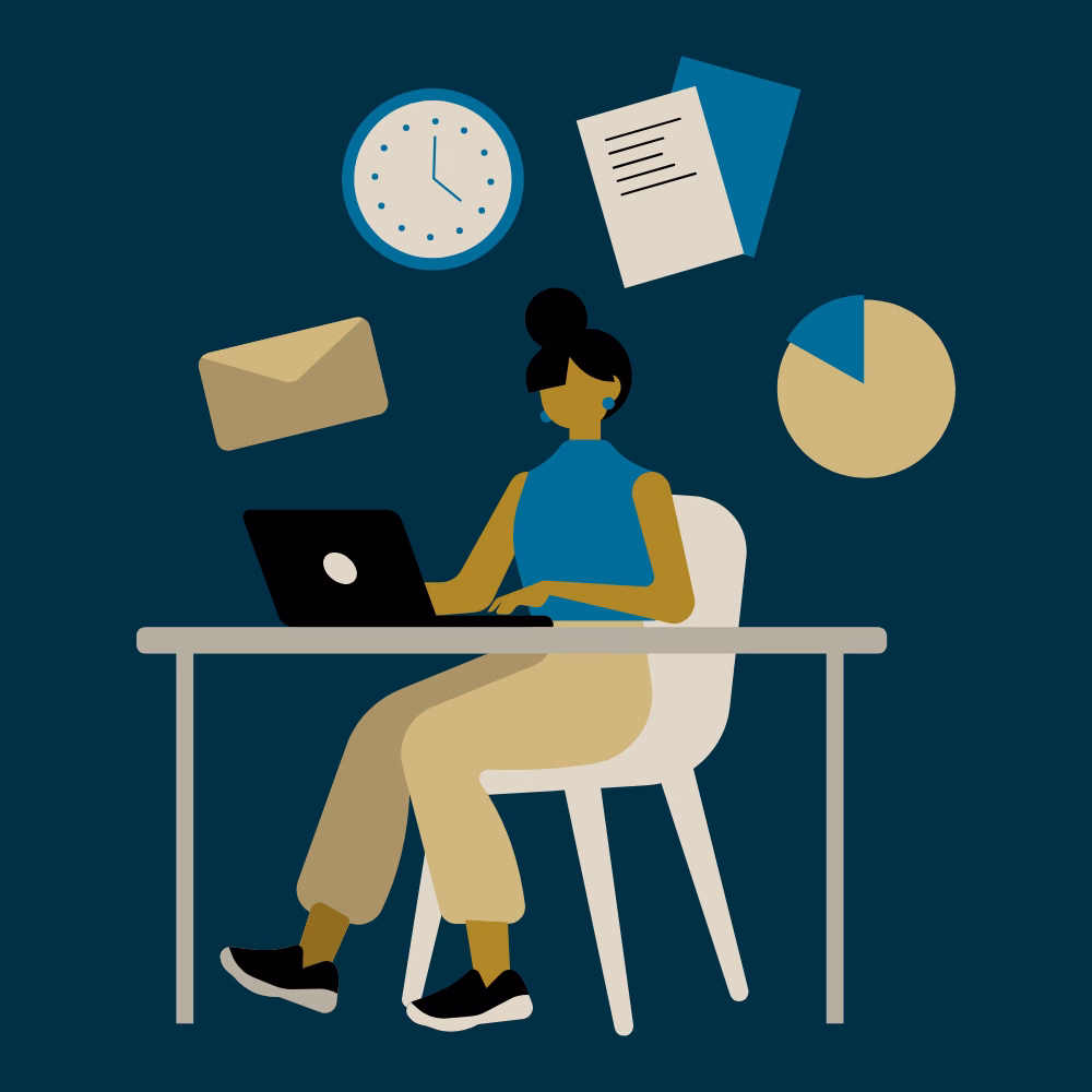 Illustration of a person working at a desk with a laptop, surrounded by floating icons representing time, documents, mail, and a pie chart, on a dark blue background.